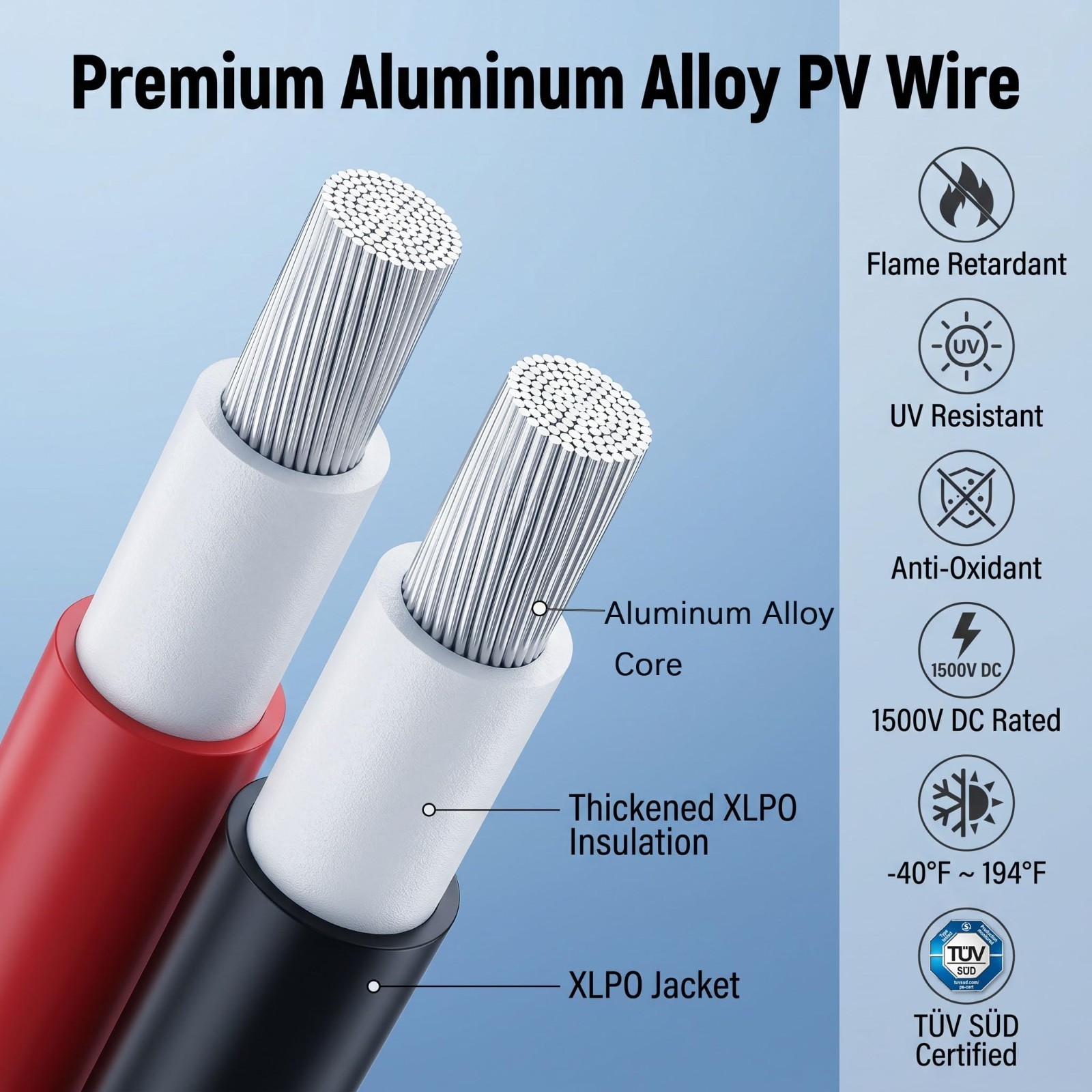 10 AWG Solar Panel Wire 2×20 FT, 1500V DC, Flexible Aluminum Alloy PV Cable, TUV