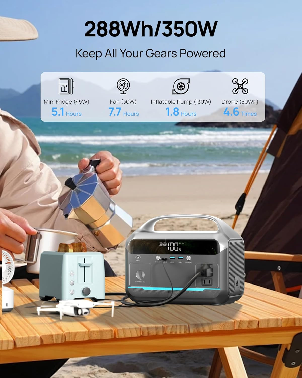 Portable Power Station, Outdoor 288Wh Lifepo4 Battery, 350W (600W Surge) Solar G