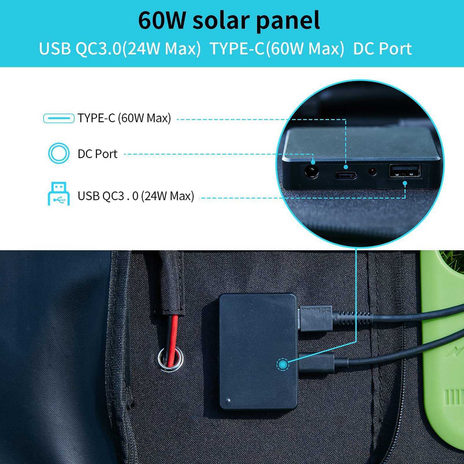 2USB 60W Solar Panel Kit Folding Power Bank Outdoor Camping Hiking Phone Charger