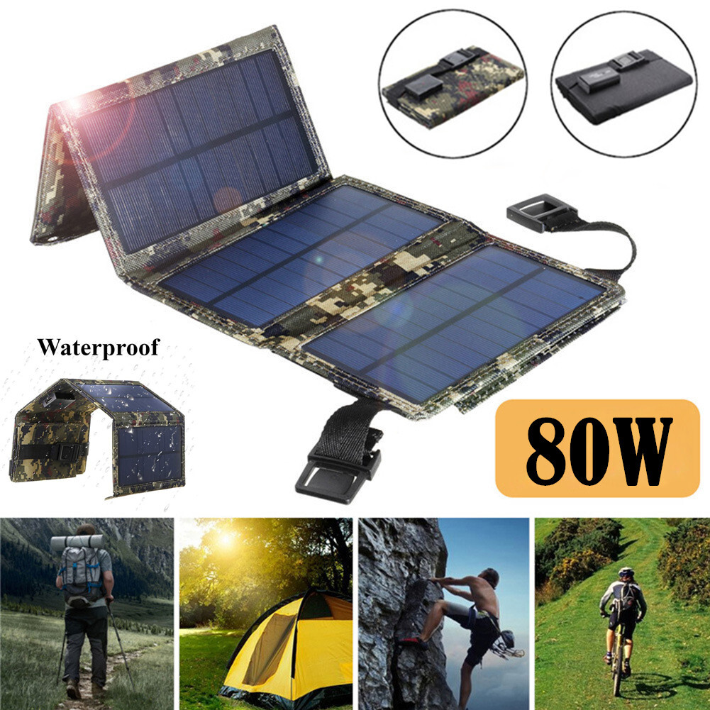 80W USB Solar Panel Folding Power Bank Outdoor Camping Hiking Phone Charger 2023
