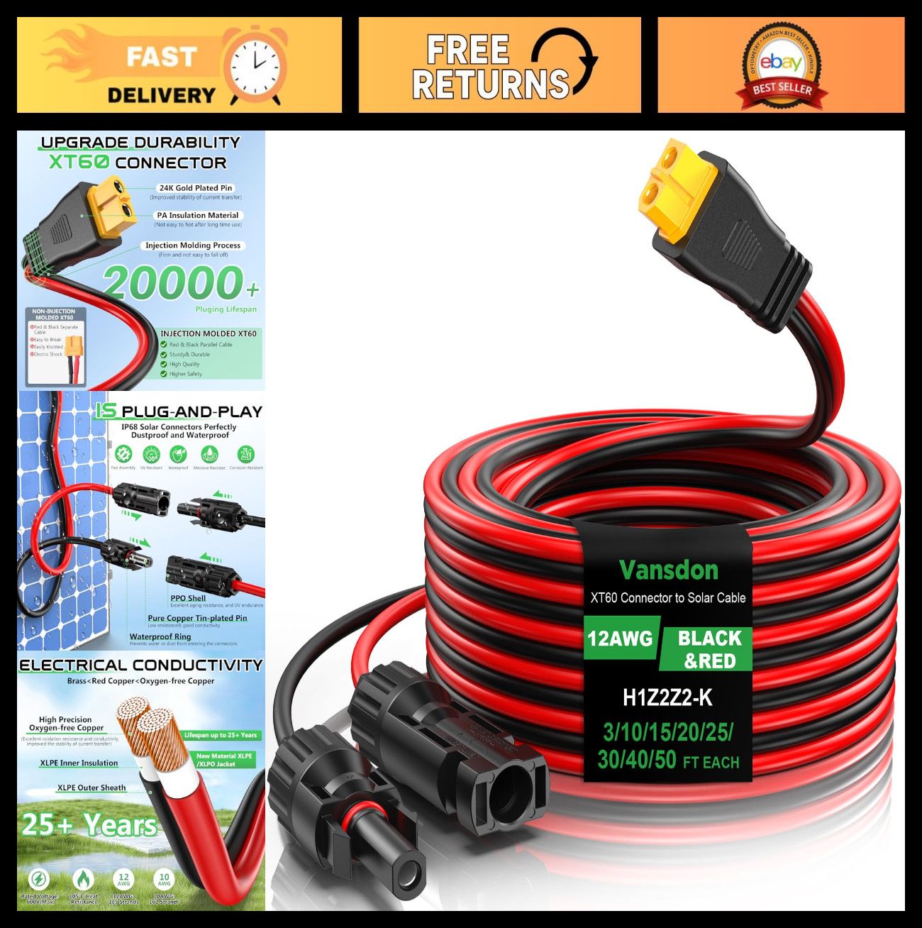 30FT XT60 Solar Cable 12AWG Extension Adapter for RV Power Station Generator