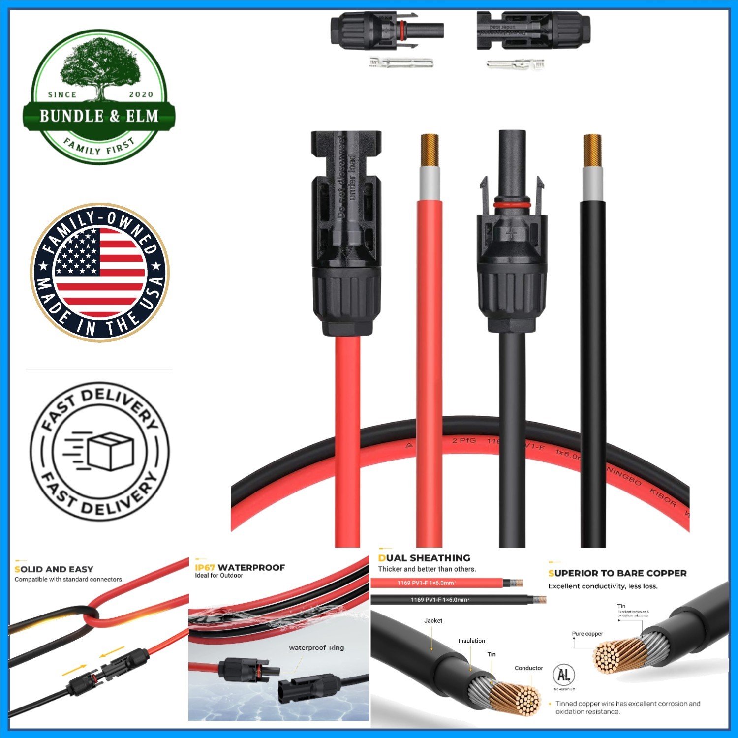 20FT Solar Cable with 10AWG Gauge, Ideal for Outdoor Solar Panel Connections