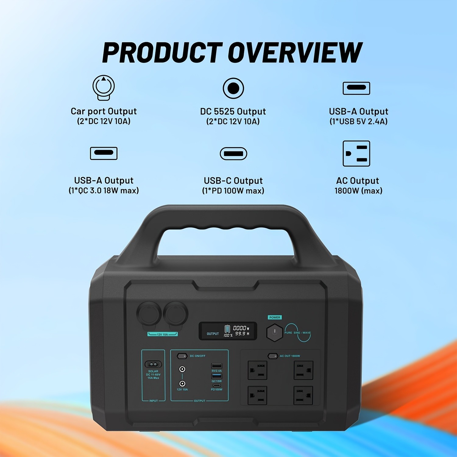 Emergency 1800W Power Station LiFePO4 Battery Multi-Output Solar Generator
