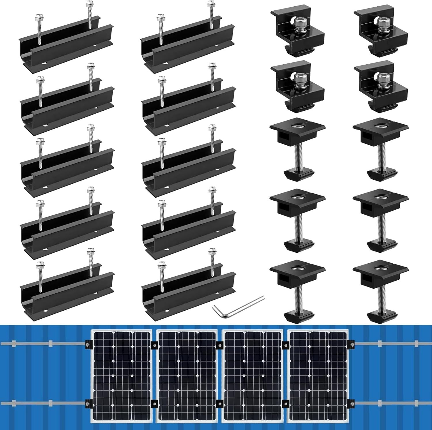 Solar Panel Mounting Brackets, Included 10PK 4.72 in Rails + 4 End Clamps + 6 Ce