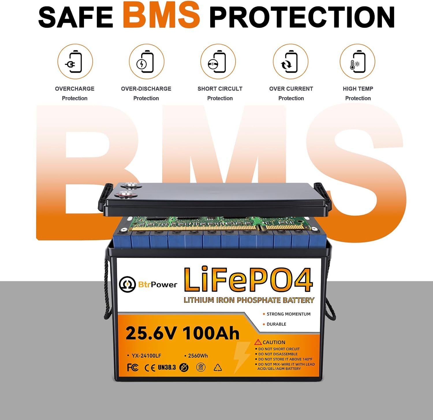 24V 100Ah LiFePO4 Lithium BtrPower Battery for RV Marine Solar System 100A BMS