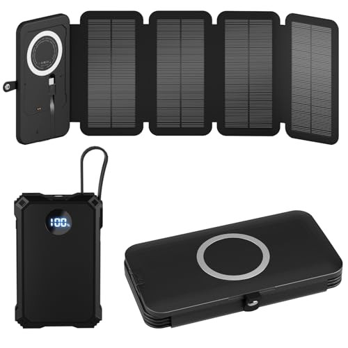 Solar Charger Power Bank 5000mAh with 4 Foldable Panels & 2 Built-in Cables,