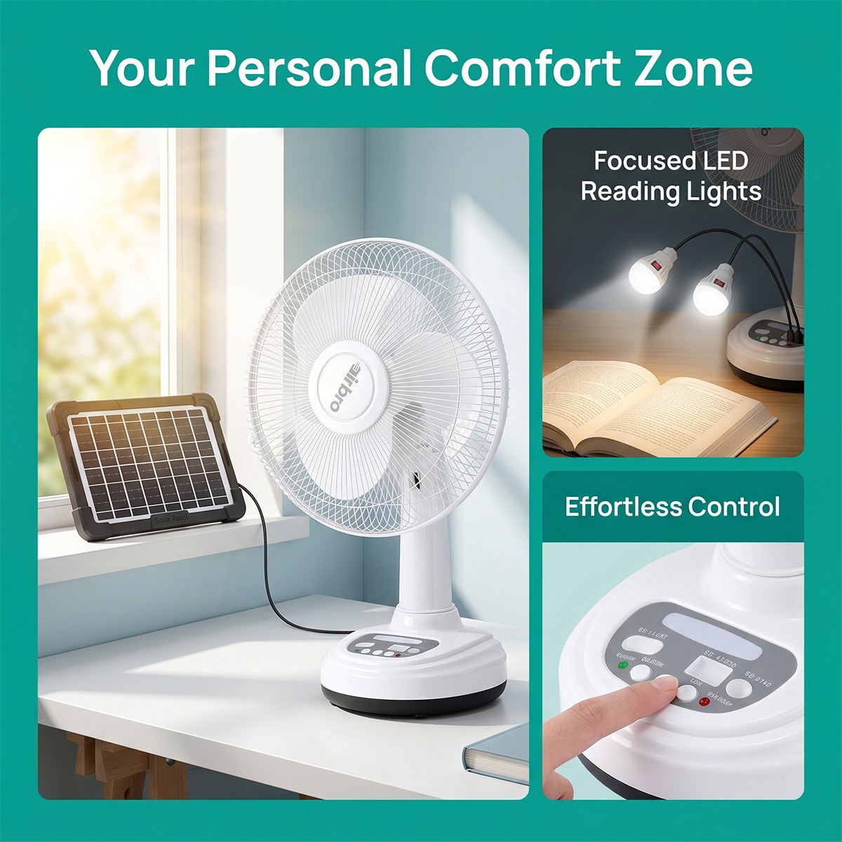 12″ Desktop Solar Fan Portable Rechargeable Camping Fan w/ Emergency Light Kit