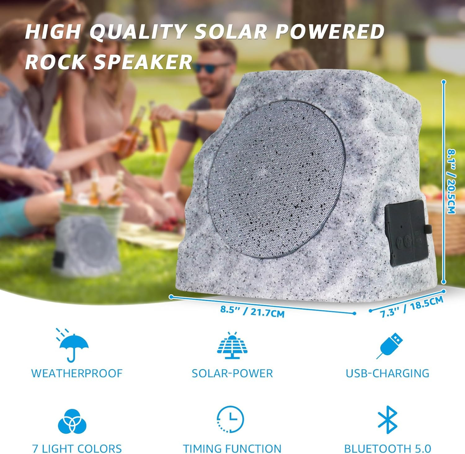 2-Pack Solar Powered Rock Speakers Outdoor Water-Resistant with 3 Mode Lights an