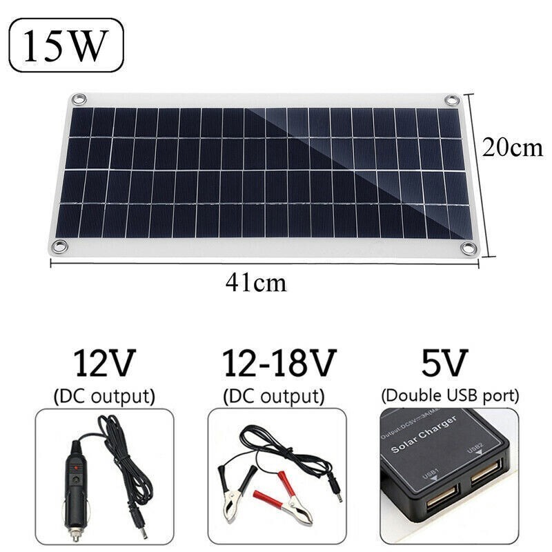 Solar Panel Dual USB+10A Solar Charger+Alligator Clip Wire+DC Line 10/15/20/25W