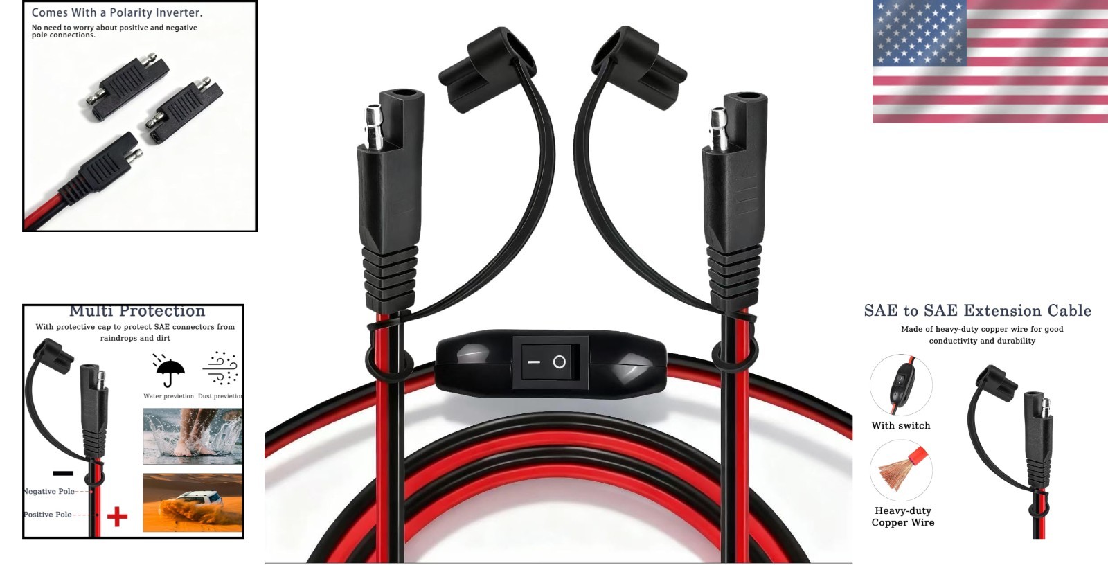 30FT SAE Extension Cable for Solar Panels, Cars, RVs, Boats, 16 AWG