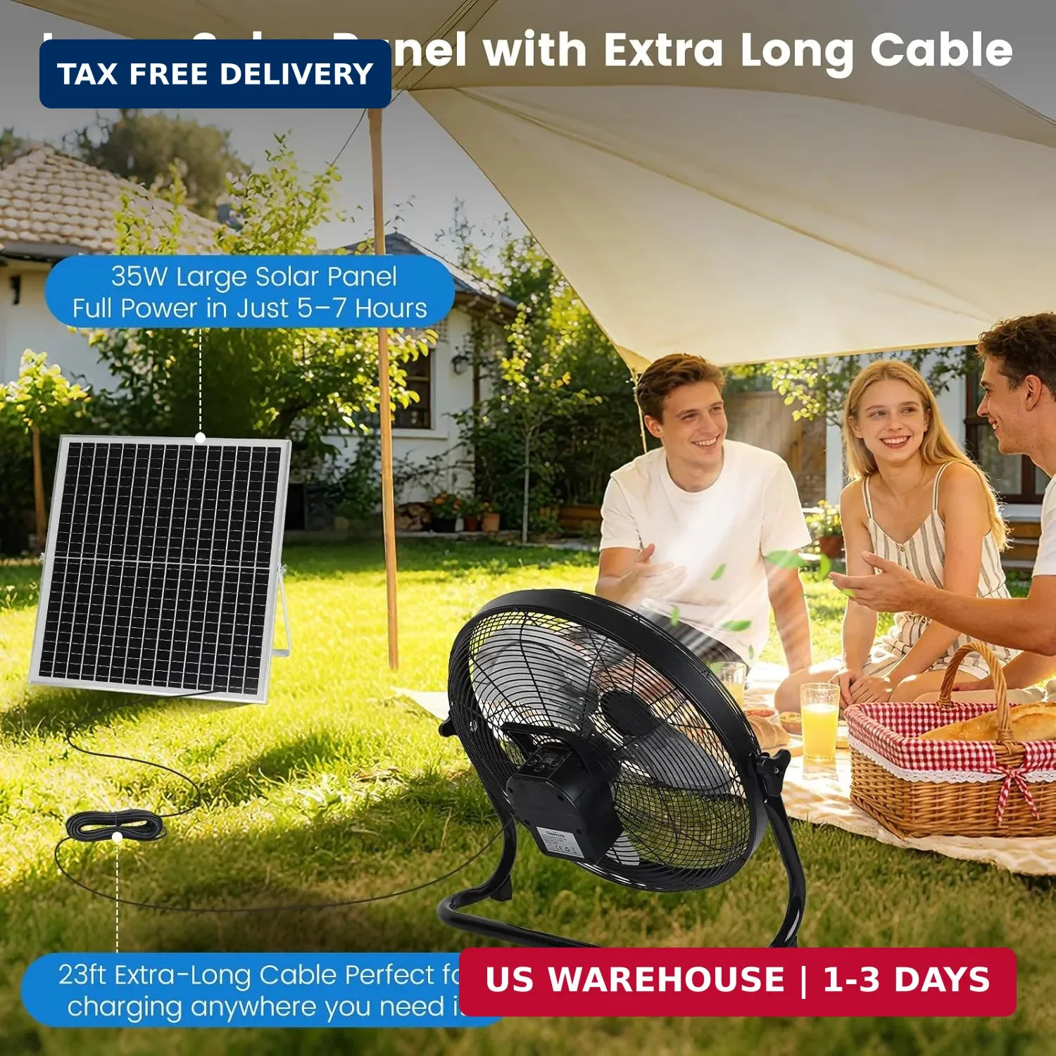 16” Solar Powered Fan with 35W Solar Panel, Rechargeable Battery Operated Floor