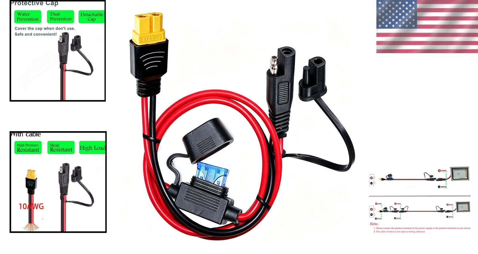 10AWG SAE to XT60 Connector Extension Cable,With 15A Protection Fuse for Safety,