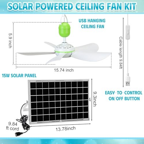 Set Solar Ceiling Fan Kit with5w Panel, USB Hanging Fan5.74” Dual Power 1