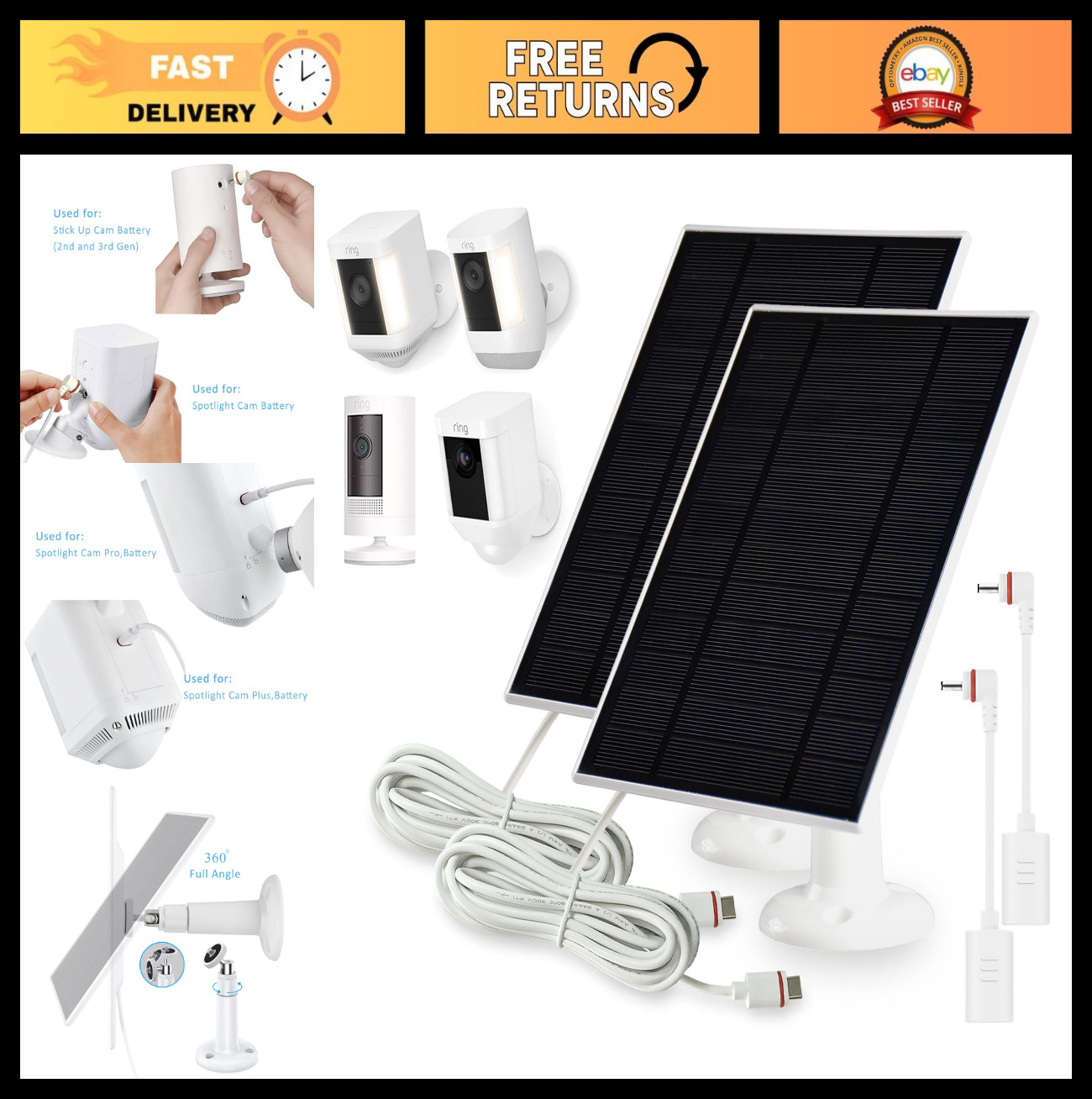 4W Solar Panel Charger for Ring Outdoor Cameras, USB-C Barrel Plug Adapter, 2-Pa
