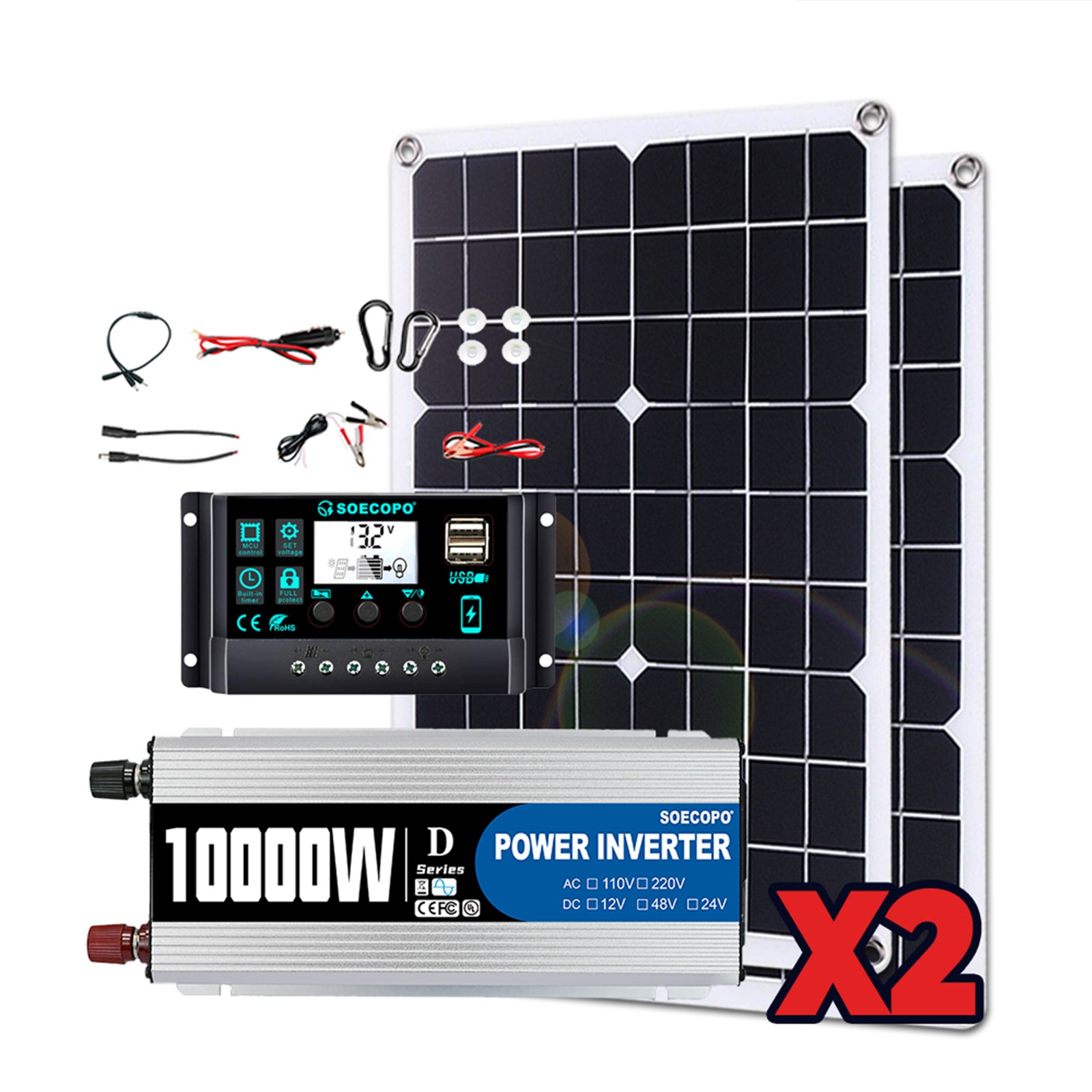 10000W Solar Power Kit 12V-110V/220V + 2pcs Solar Panels + 100A ControllerxY