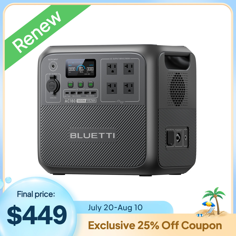 BLUETTI AC180 1800W 1152Wh Portable Power Station Solar Generator for Off-grid