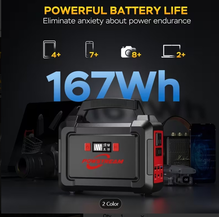 Portable Power Station 167Wh w/ 30W Solar Panel 350W Backup Power Bank with 2*AC
