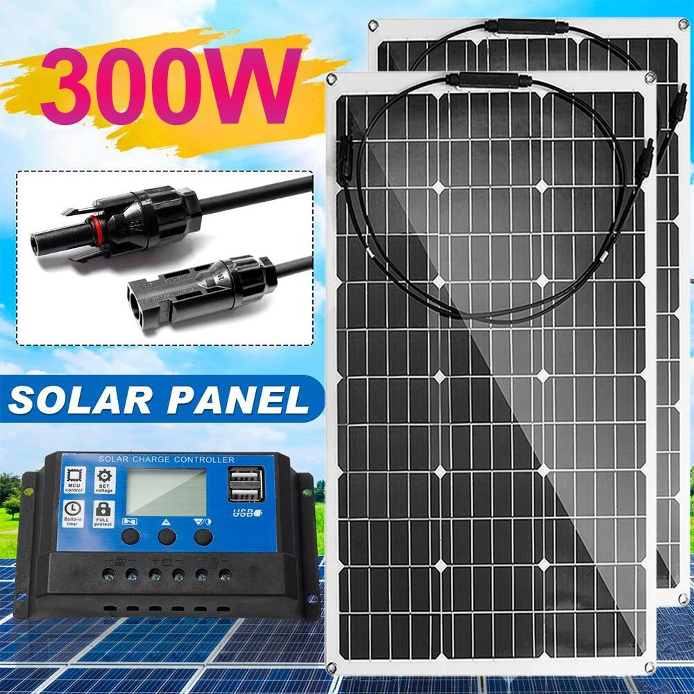 300W Monocrystalline Solar Panel Kit 12V Home RV Car Battery Power Off Grid PV