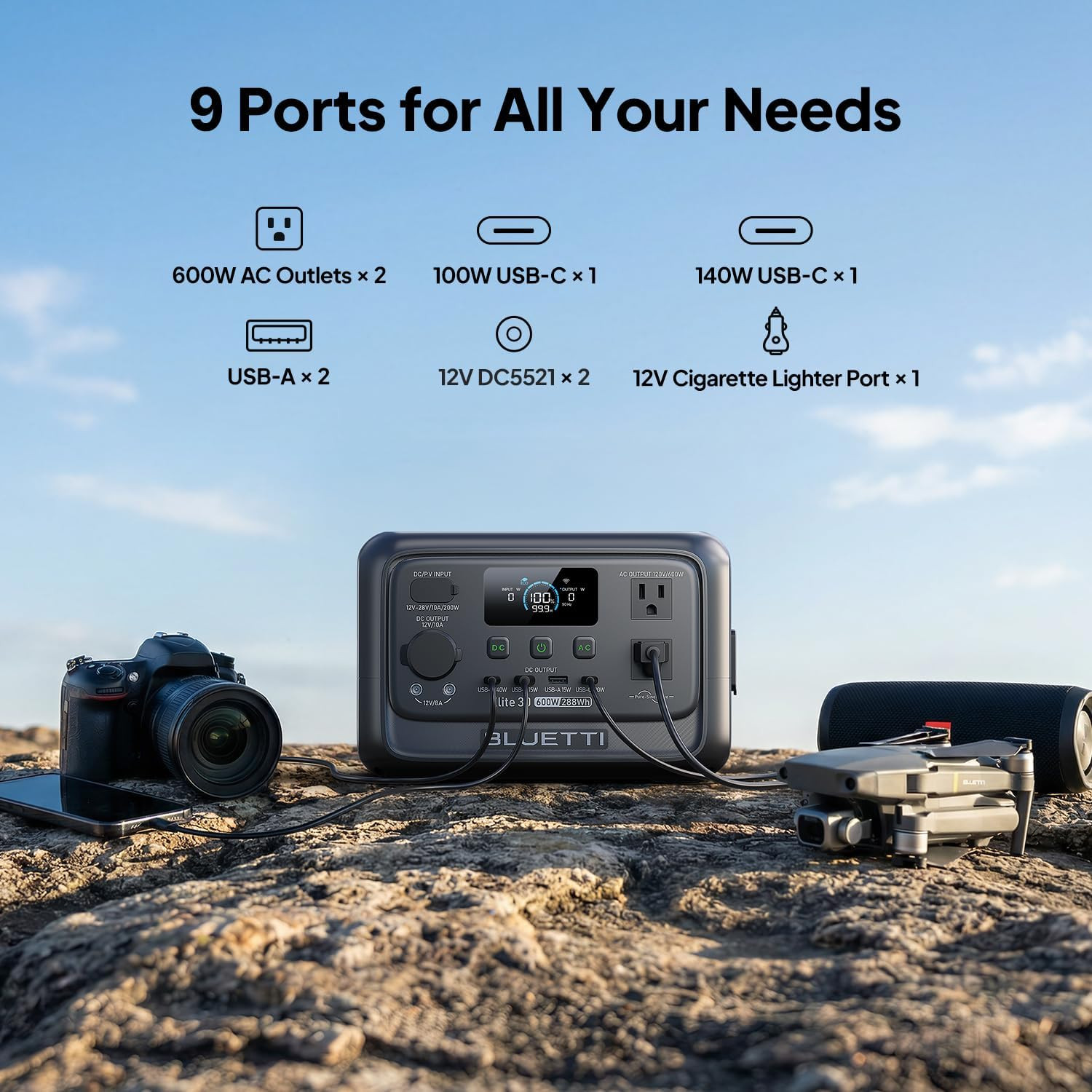 Elite 30 V2 Portable Power Station 600W (Power Lifting 1500W), 288Wh Lifepo4 Bat