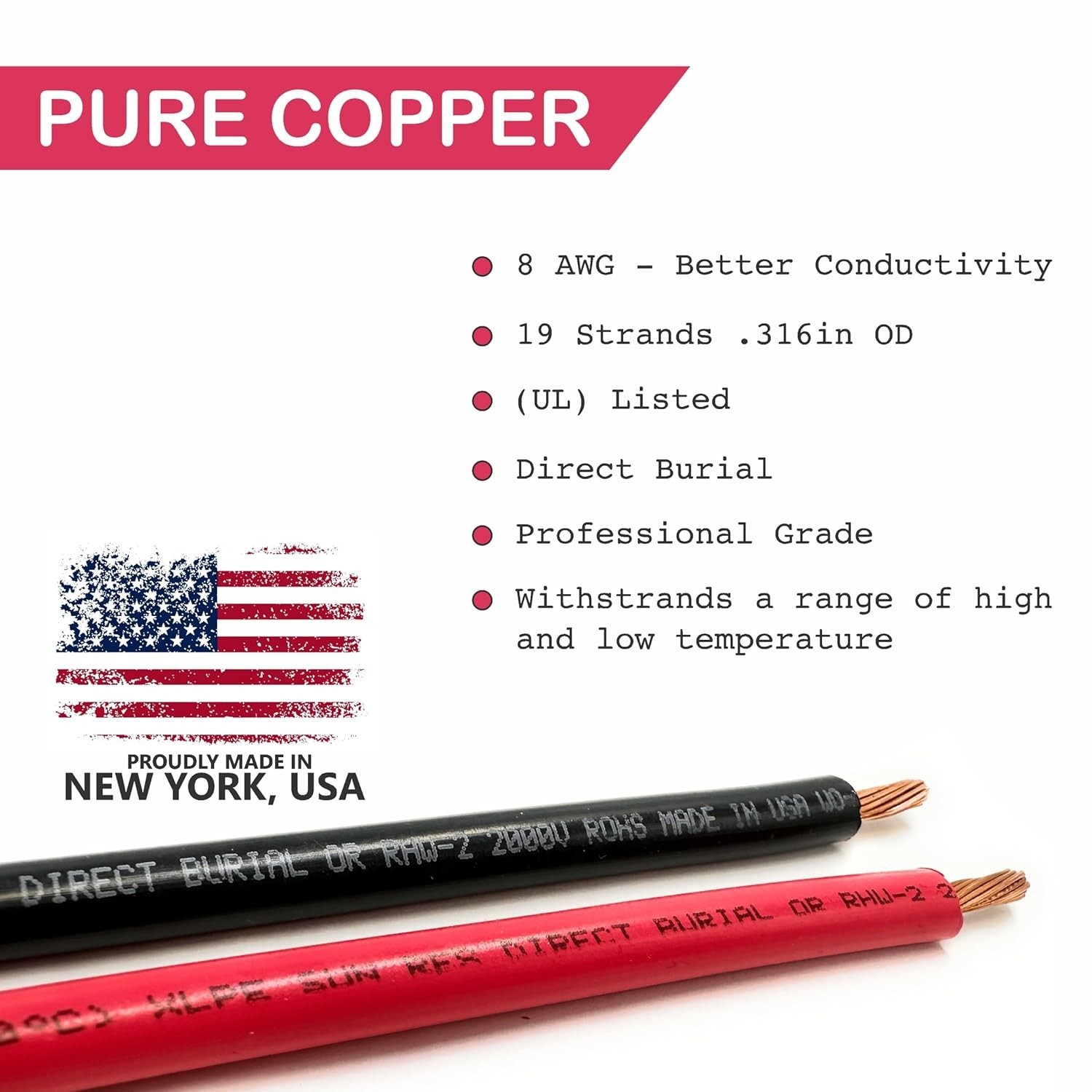 8 Gauge Solar Panel Professional Wire – Made in USA – 2×100 Ft Copper PV Wire UV