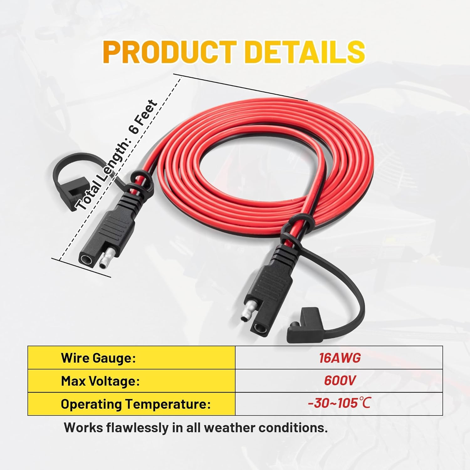 6FT 16AWG SAE Extension Cable with Polarity Reversing Adapter, Heavy Duty 2 Pin