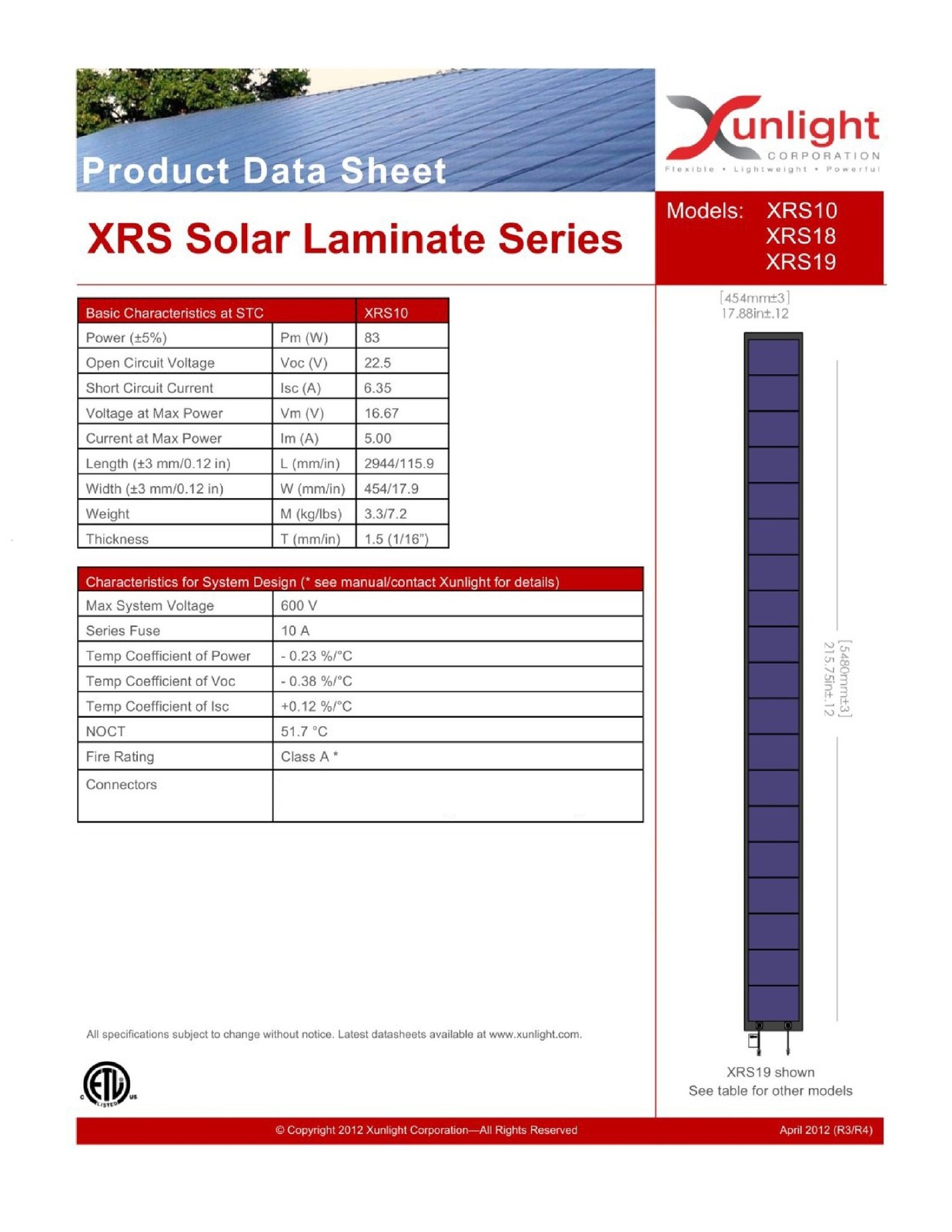 Xunlight XRS10-83 83W 16V Solar Panel Battery Charging – No Cables – Metal Tabs