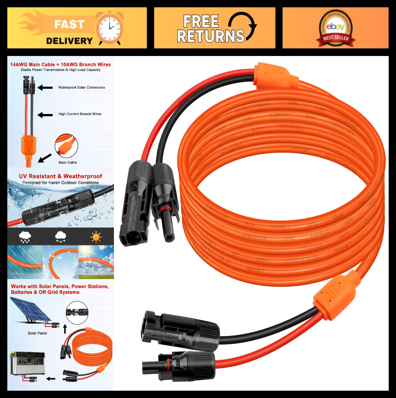 20FT Solar Extension Cable, 14AWG Tinned Copper, Heavy Duty Outdoor Power Cord f