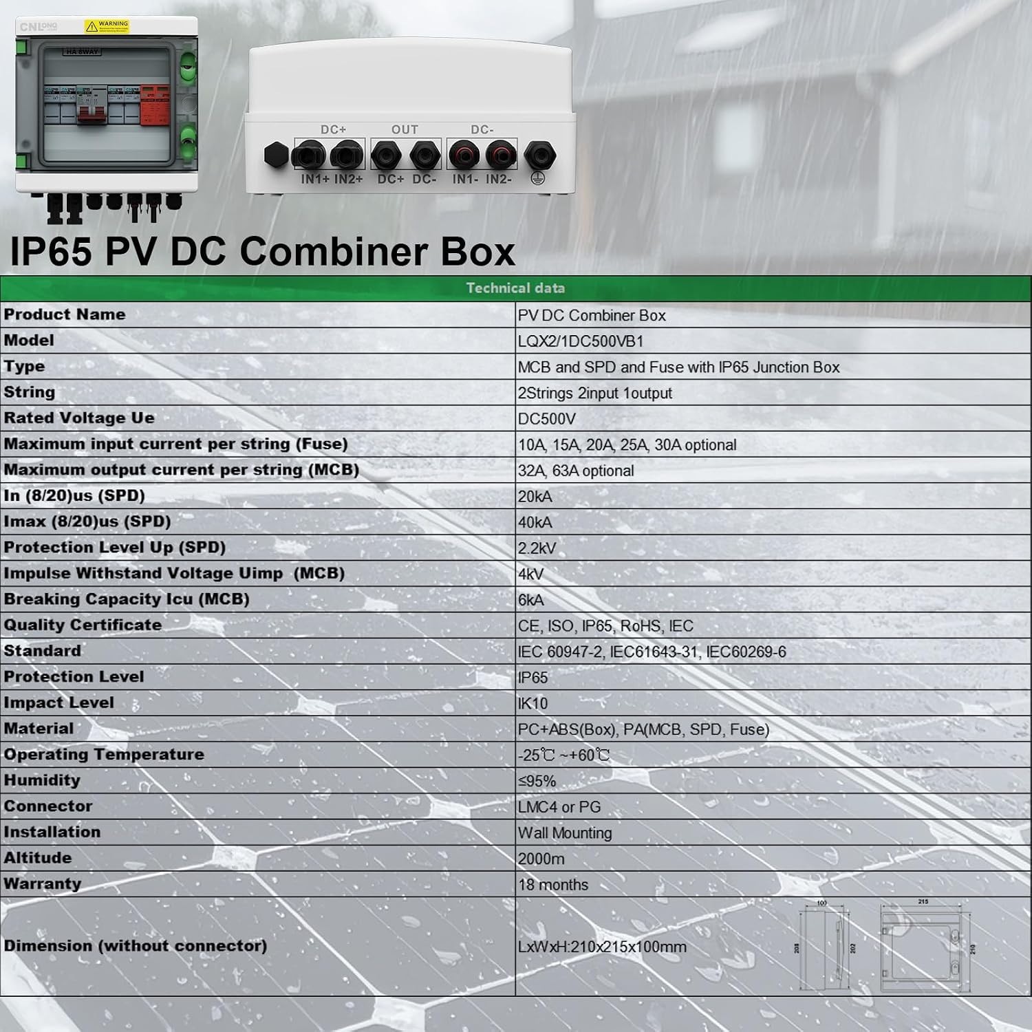 2 String Solar Combiner Box DC500V 40A with Circuit Breaker