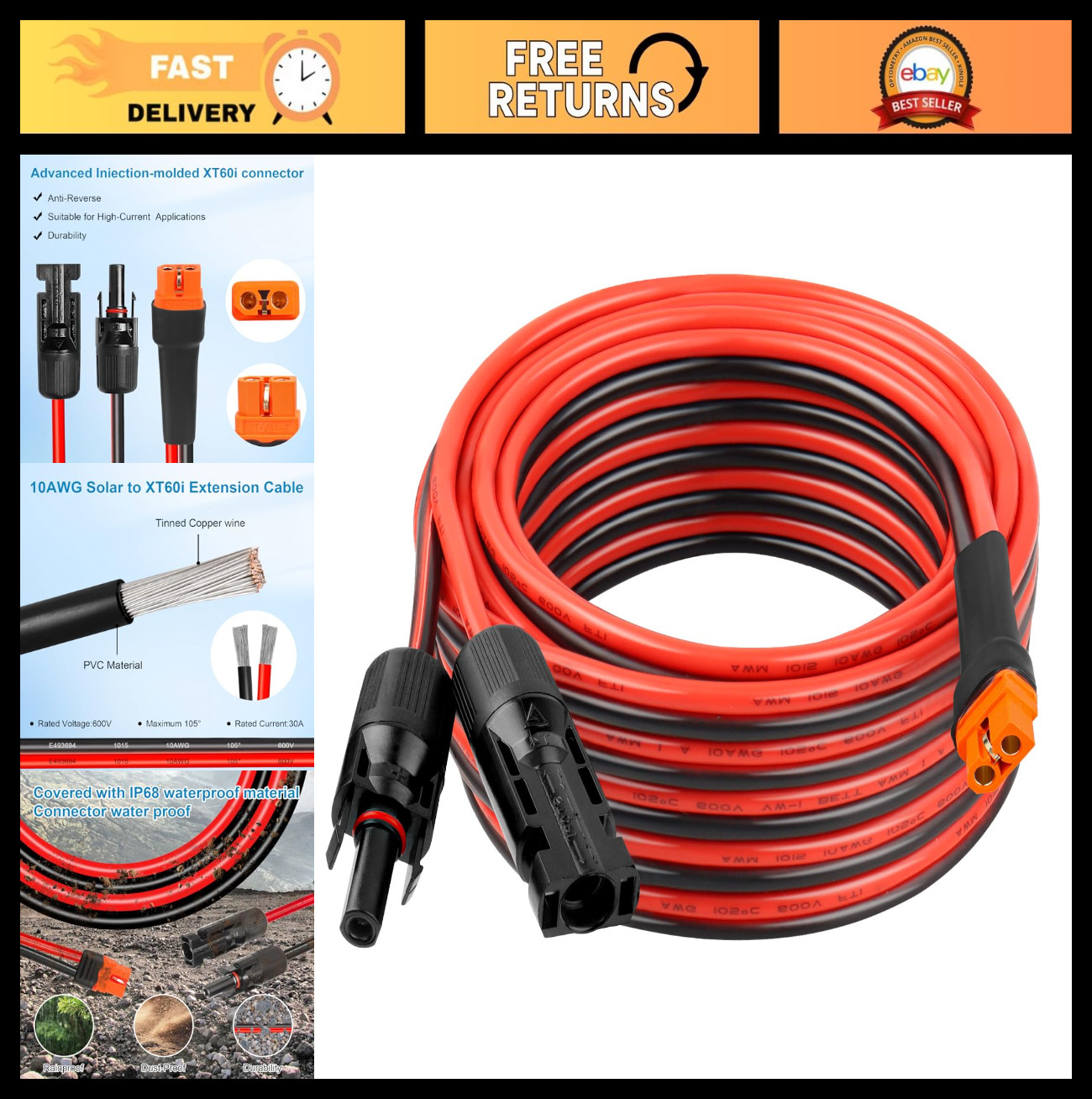 25FT 10AWG Heavy Duty XT60i Extension Cable for Solar, RV, Battery & Power Stati