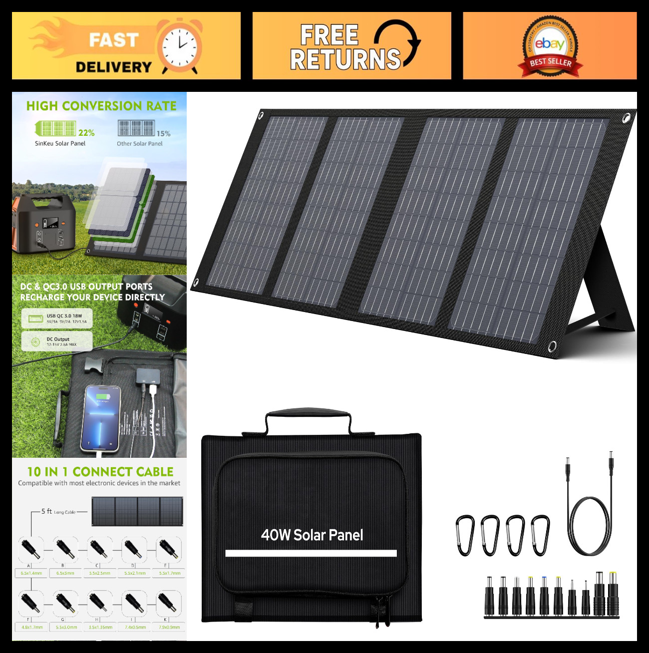 40W Foldable Solar Panel for Portable Power Station, QC3.0 USB, 12-15V DC, 10 Co