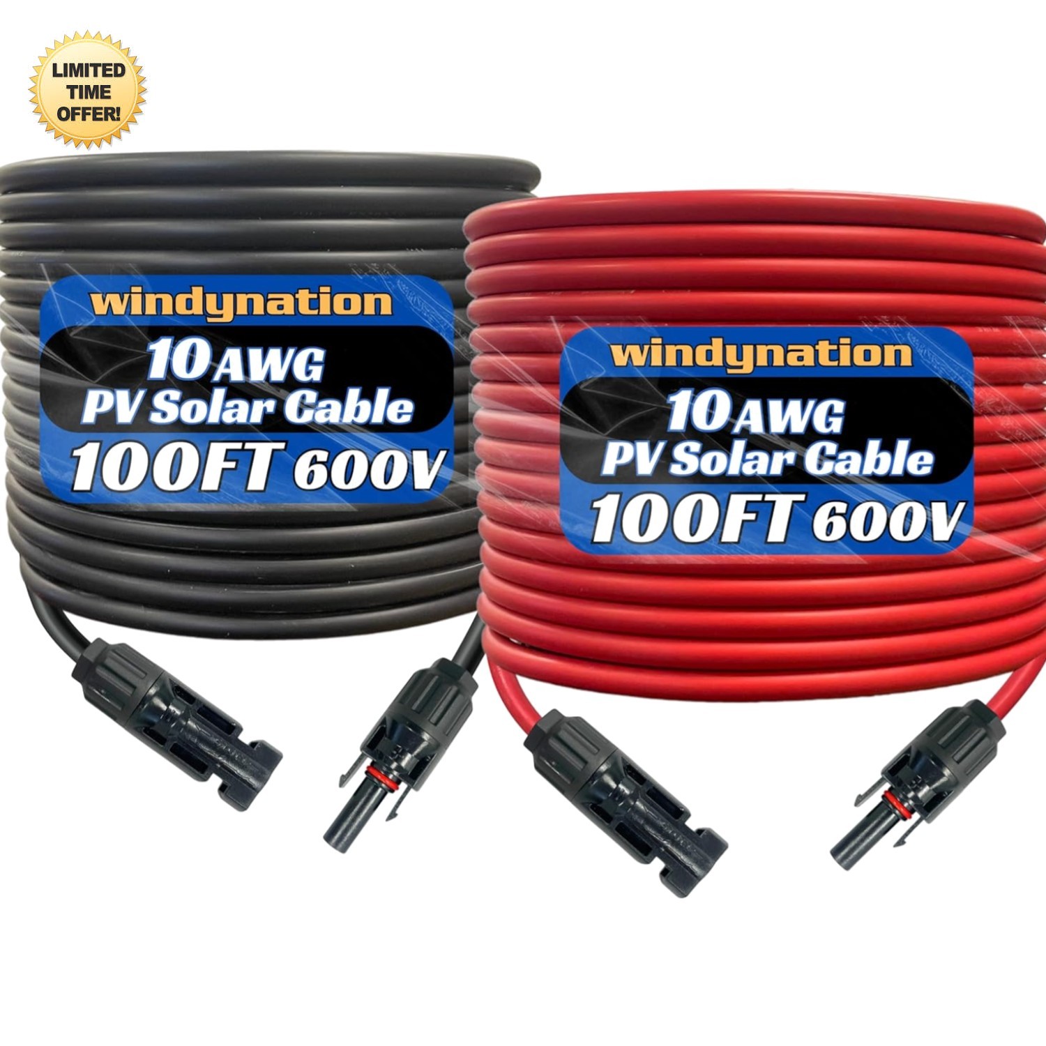 10 Gauge 200 ft PV Solar Extension Cable Black & Red Listed