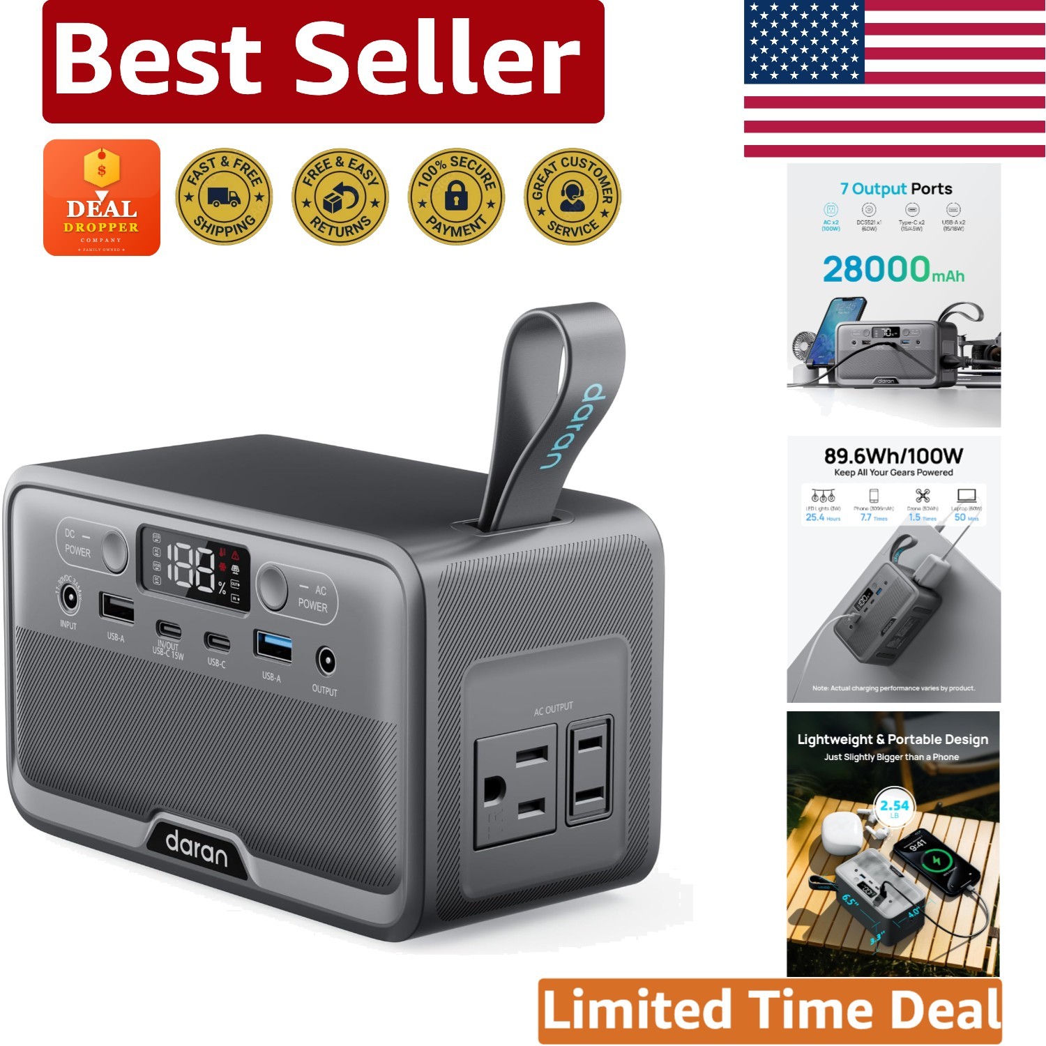 Compact 100W Solar Power Bank with 7 Outputs – Perfect for Camping & Home