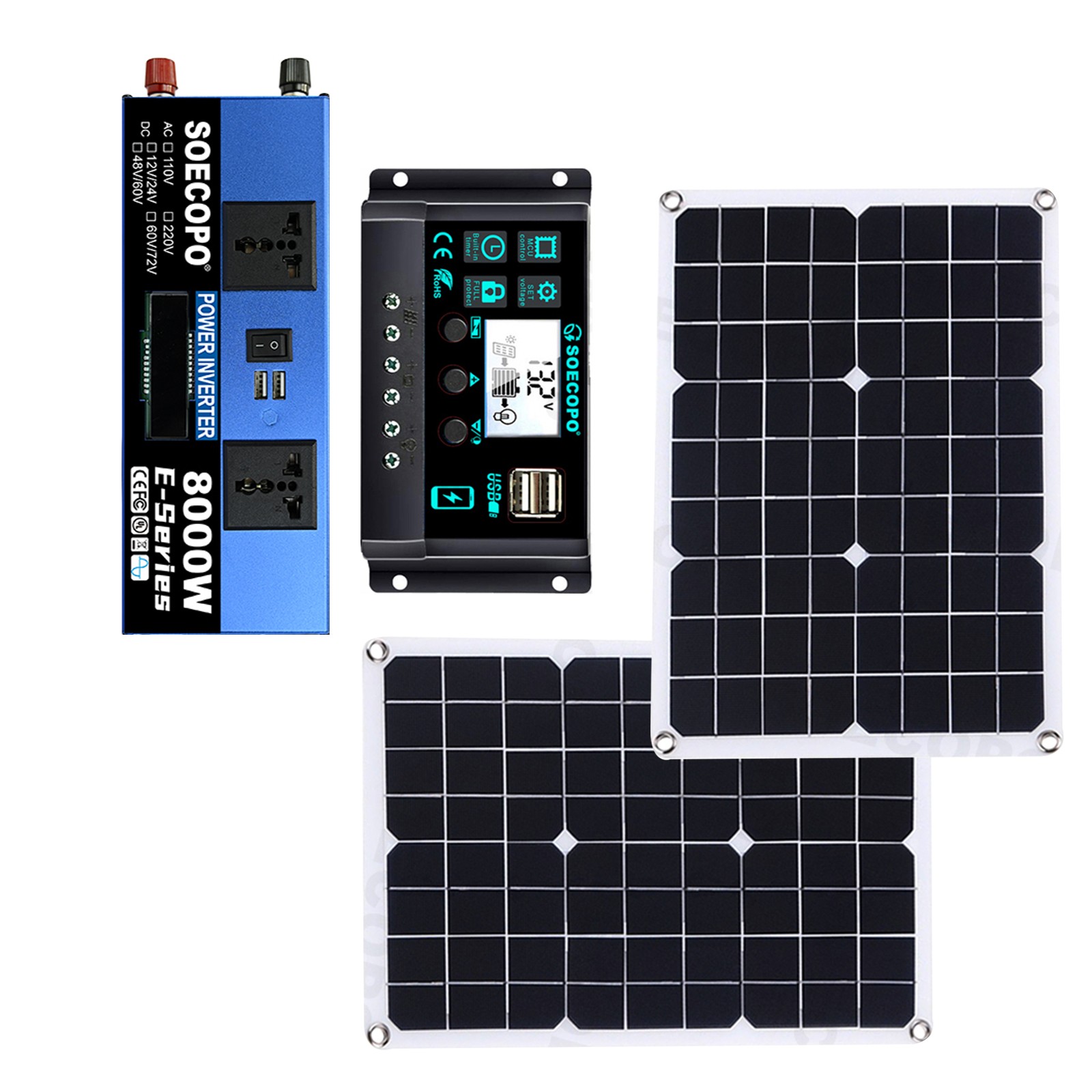 8000W Off-Grid Solar (12V/24V to 110V/220V) 2pcs Solar Panels,Charge Controlled1