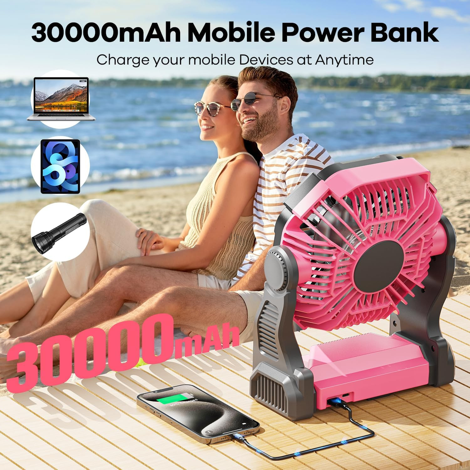 30000Mah Solar Fan with LED Lantern, 10W Solar Panel Rechargeable Battery Powere