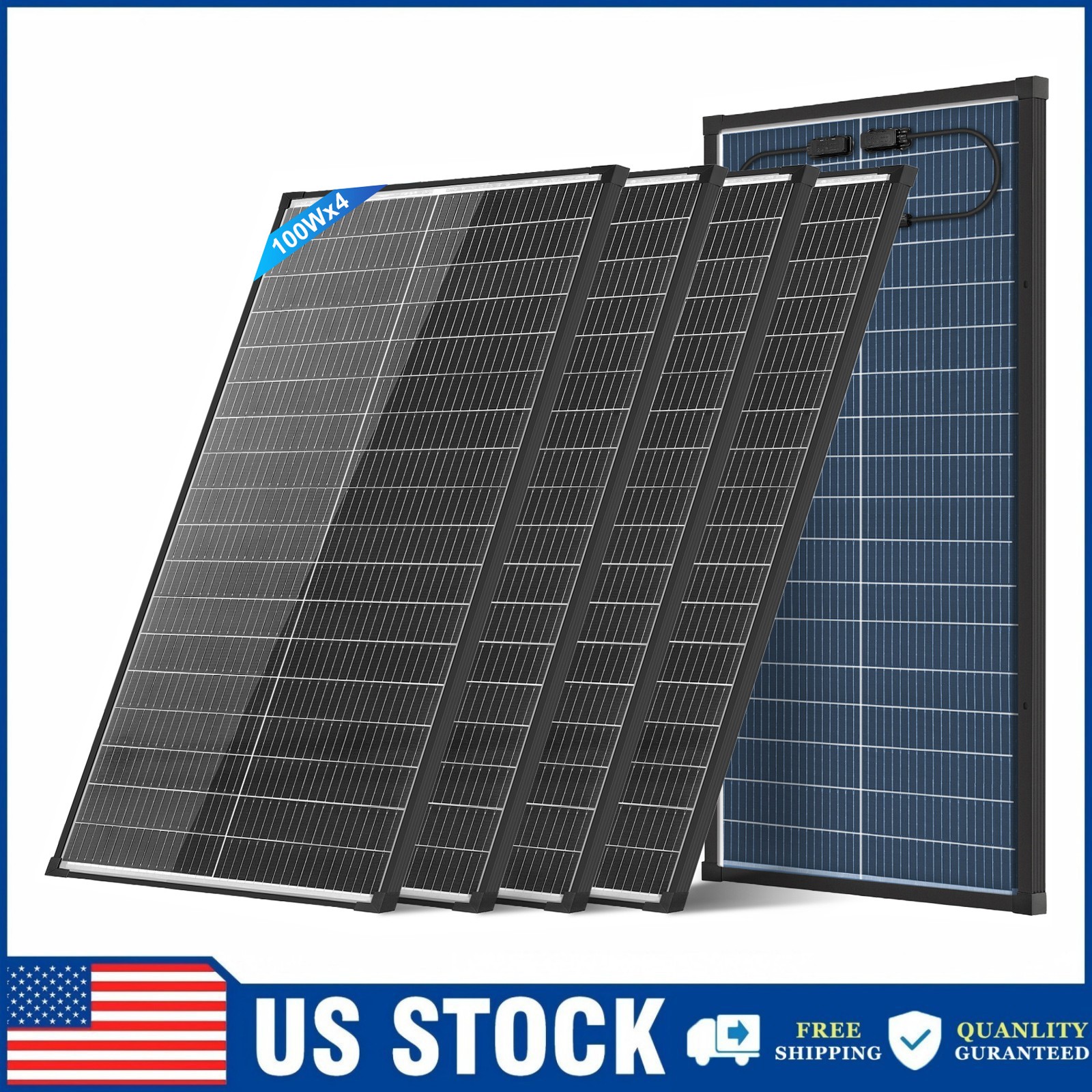 100W 4Pack Bifacial Solar Panel 400W N-Type 18BB Mono 18V PV Home RV Off Grid US