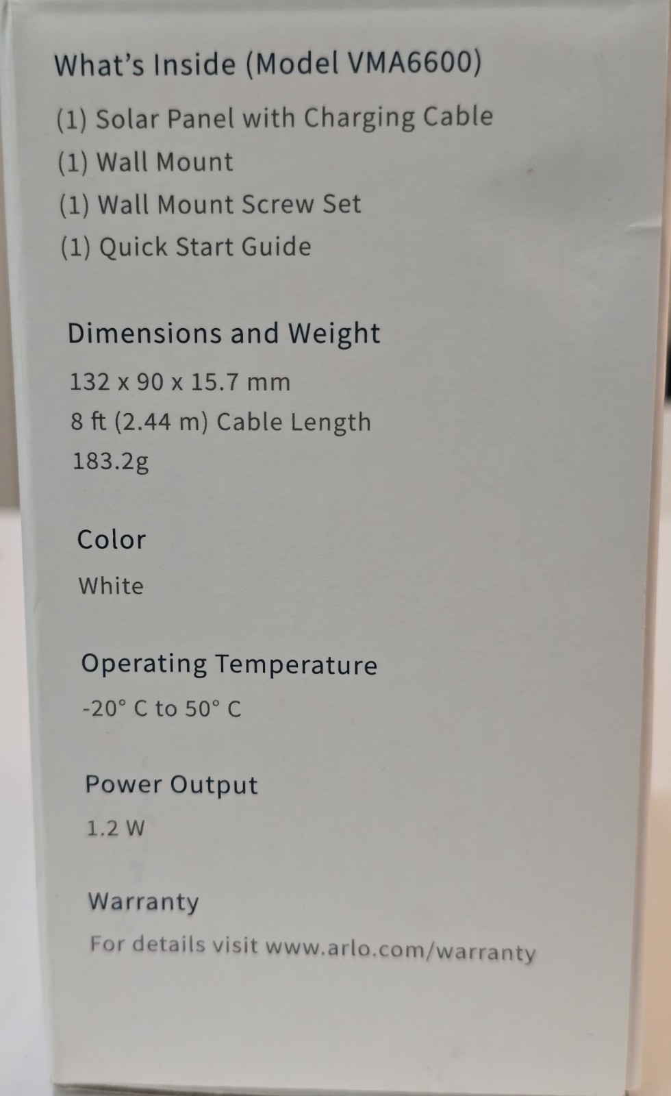 Arlo Solar Panel Charger VMA6600 for Essential 2nd Gen or XL Security Cameras