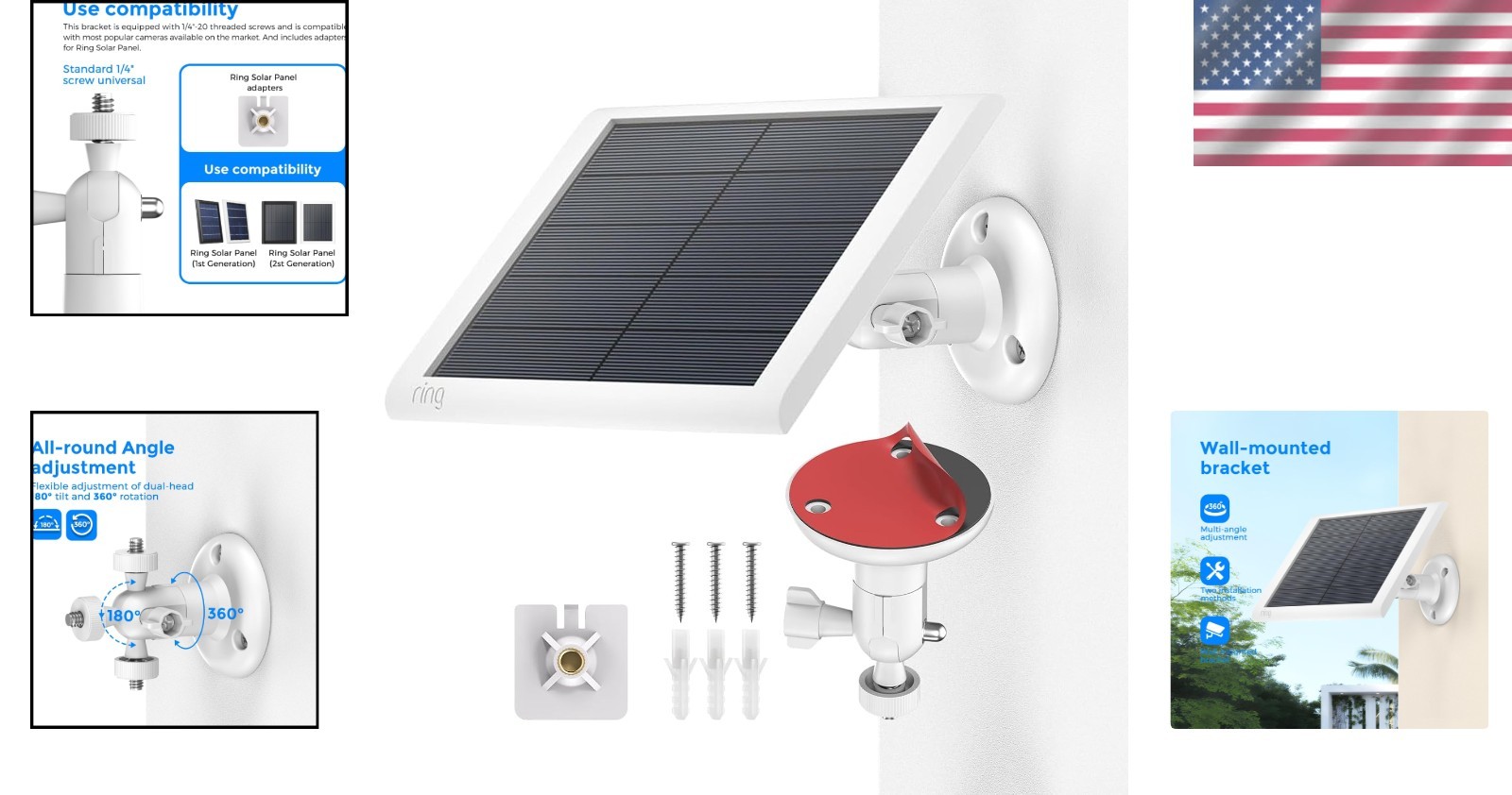 Durable 360° Adjustable Outdoor Solar Panel Mount for Ring – Easy Adhesive Setup