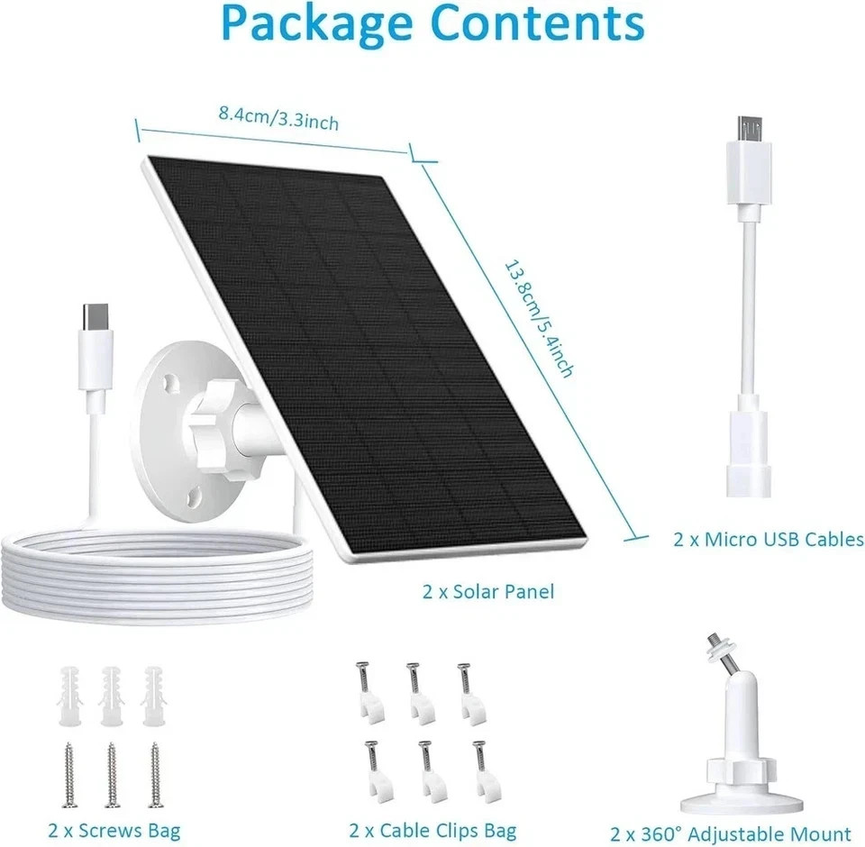 Solar Panel for Security Camera, 2 Pack 2W Solar Charger with Micro USB & USB-C