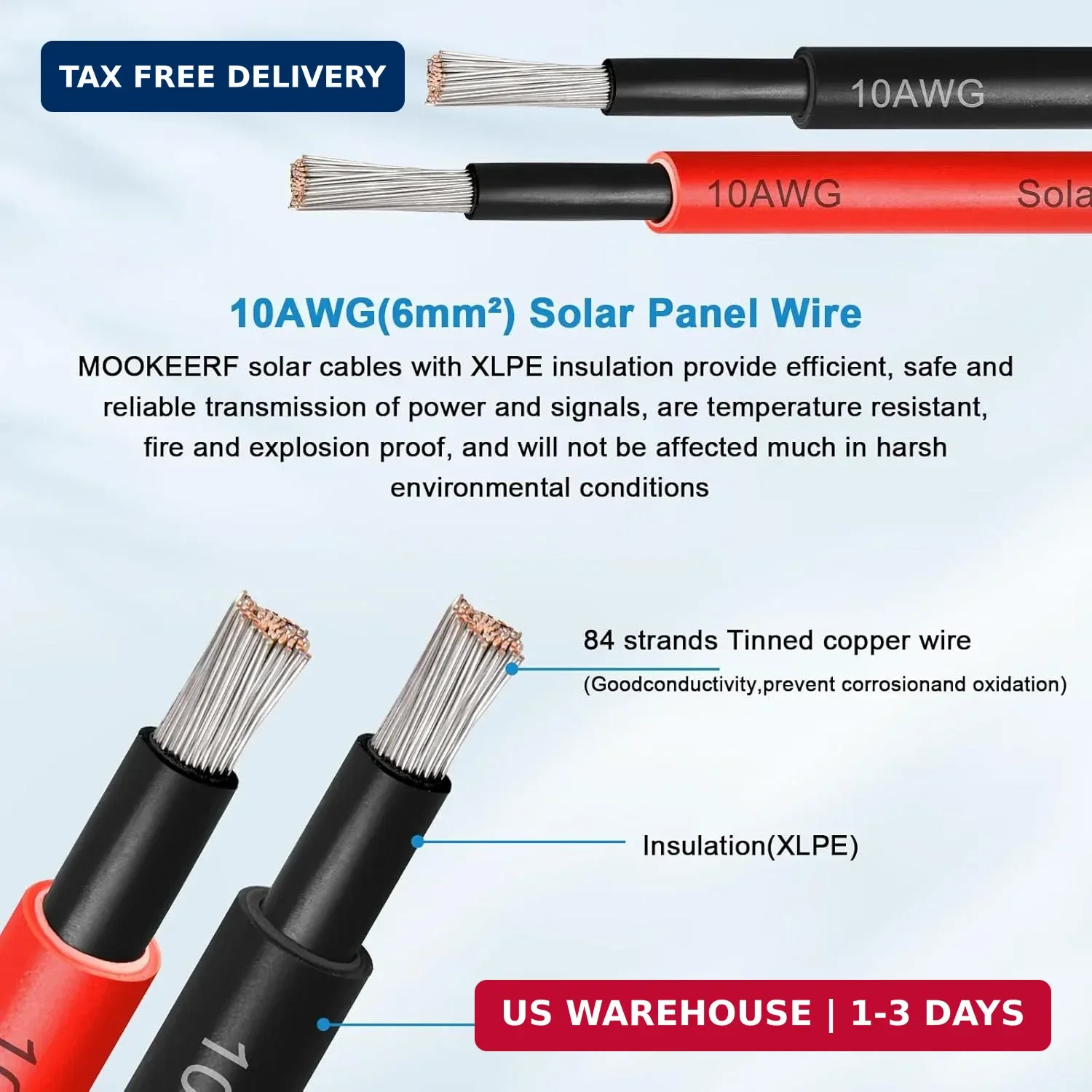 Solar Panel Extension Cable – 10AWG 25FT Solar Wire with Female & Male Waterproo
