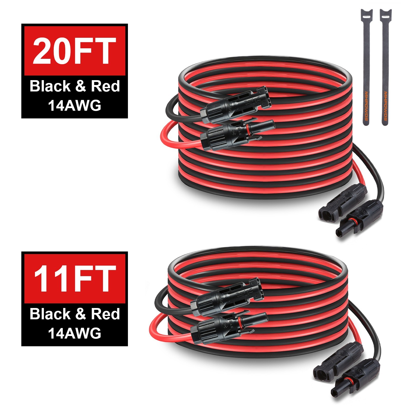 MHPOWOS solar panel cable wire 14 AWG solar connector cable 11 Ft 20Ft Red black