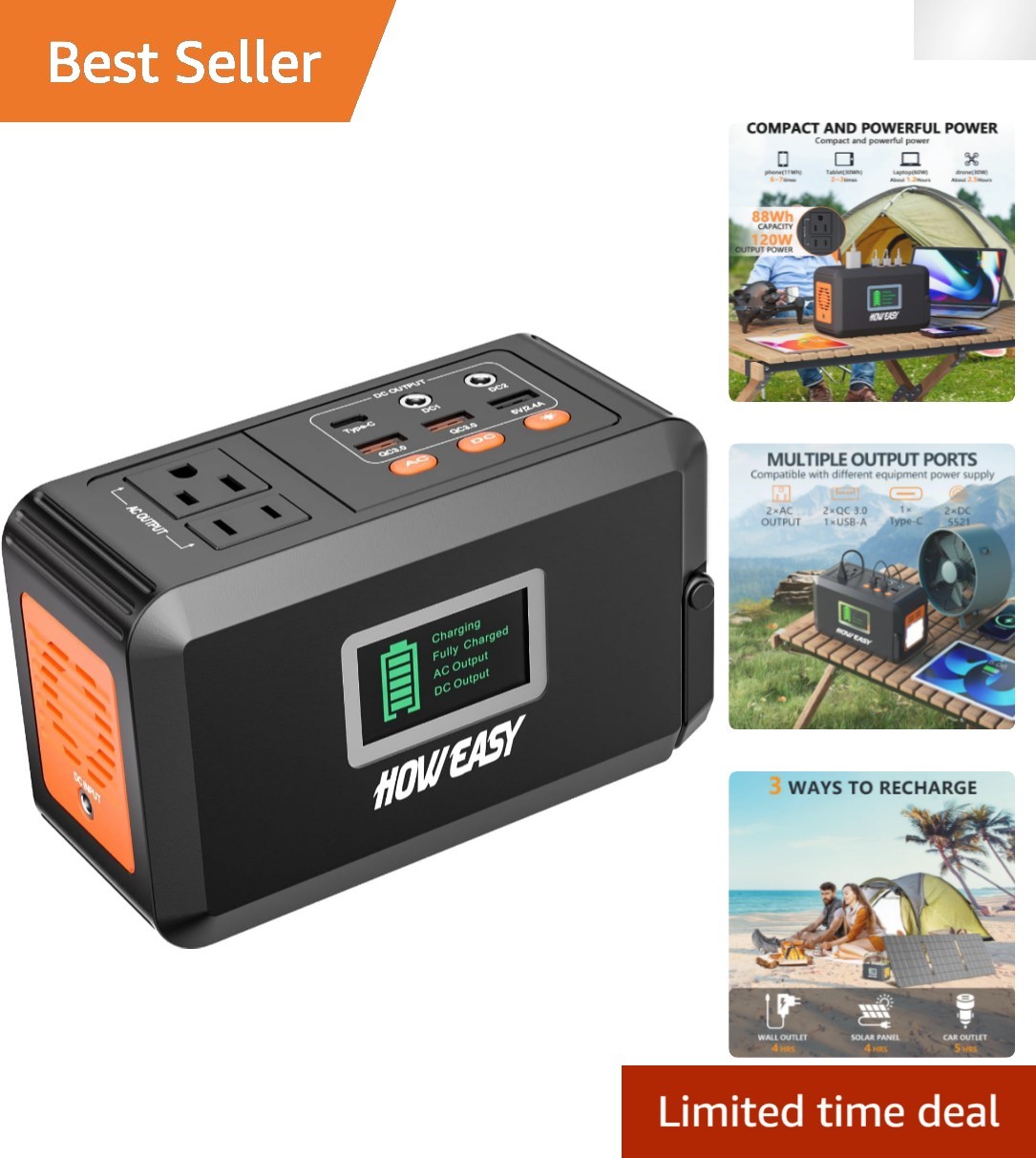 Compact 120W Portable Power Station with LED Light and 8 Outputs for Adventures