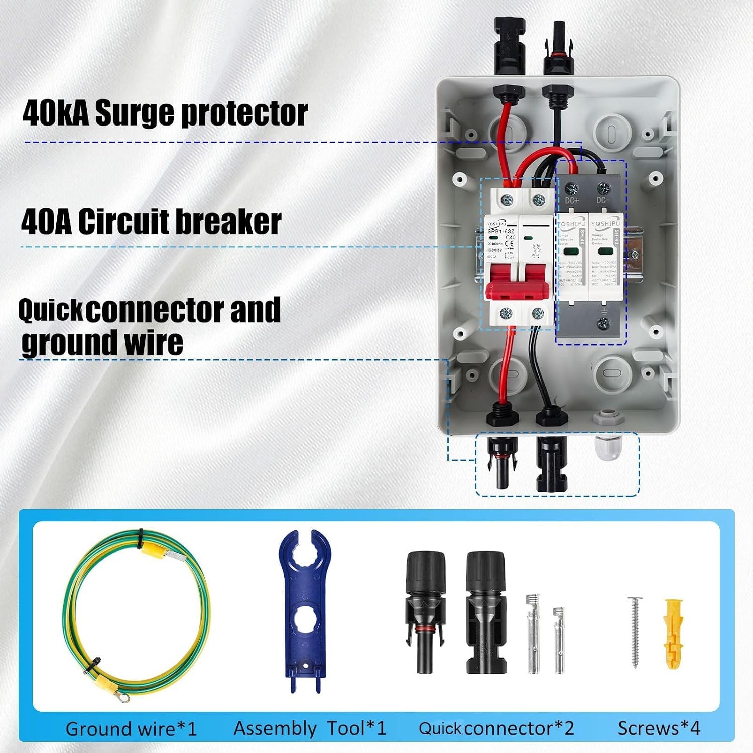 Solar Panel Combiner Box 1 In 1 Out 40A Waterproof Disconnector Surge Protector