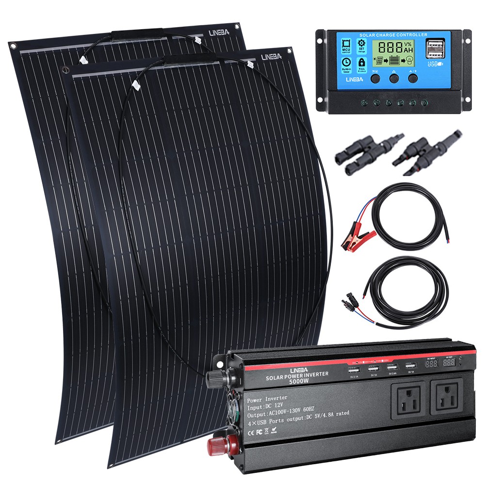Full 200W Eco Solar Panel+5000W Power Generator Set 110V Home RV Off-Grid Set