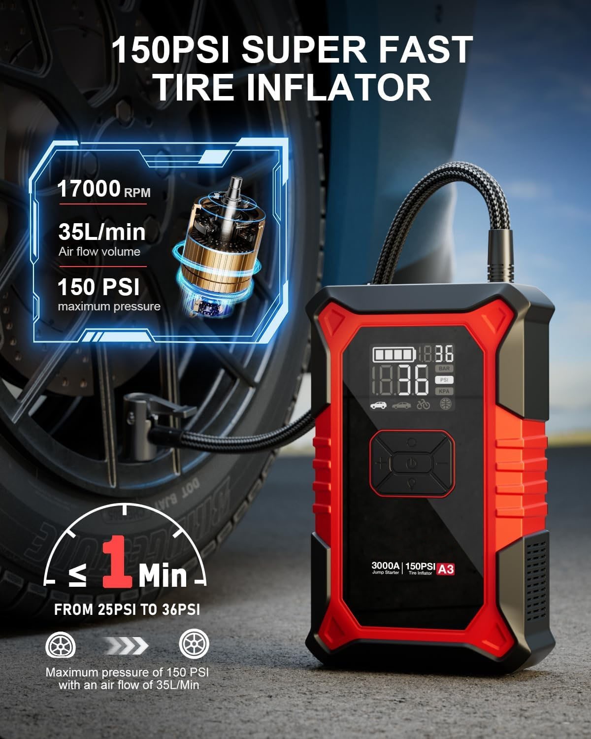 Arrancador y estación de energía portátil, SJ1332, 6 en 1, 1200 amperios pico..
