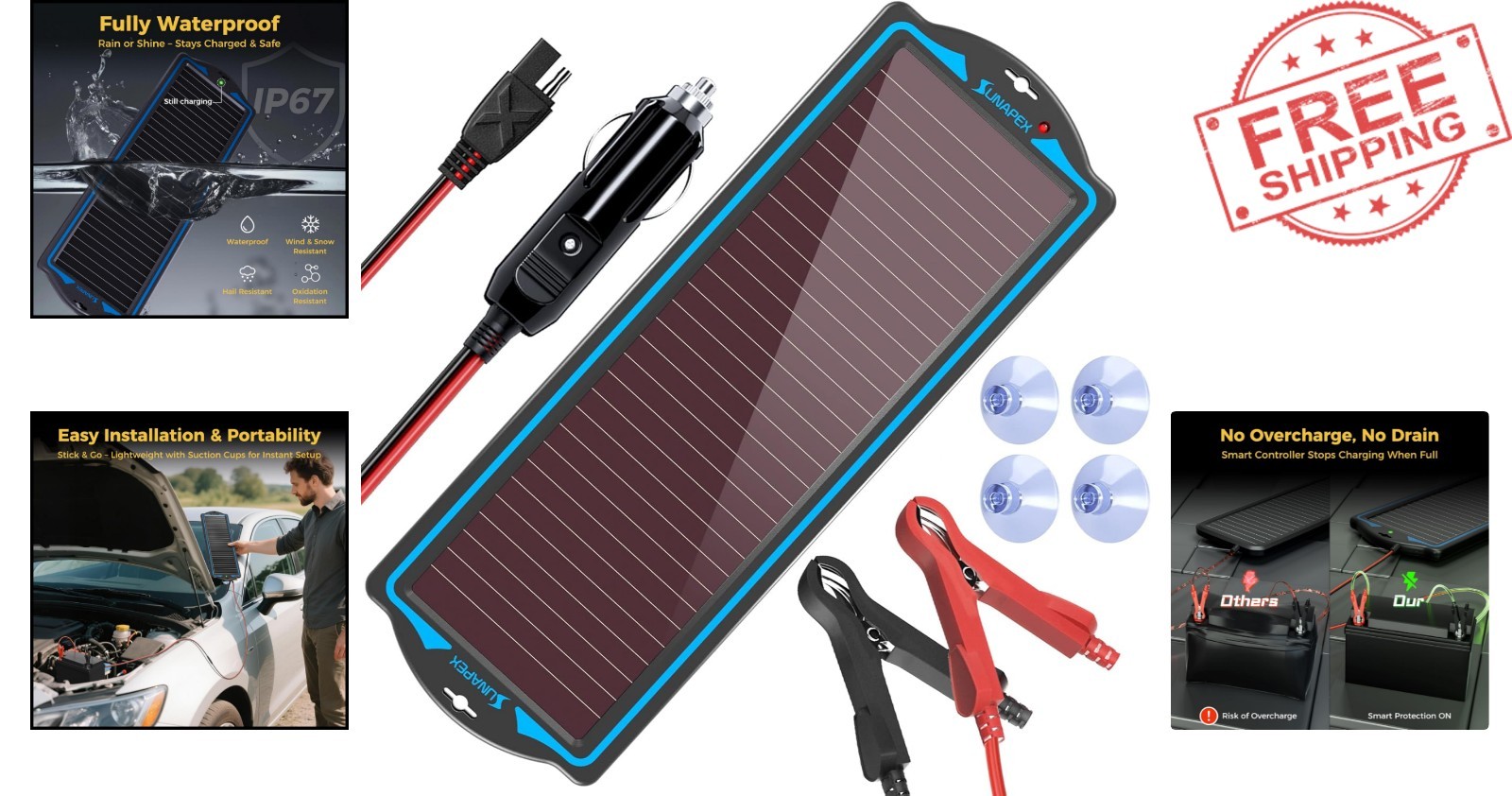 Waterproof 12V Solar Battery Charger Kit – Portable Trickle Charger for Vehicles