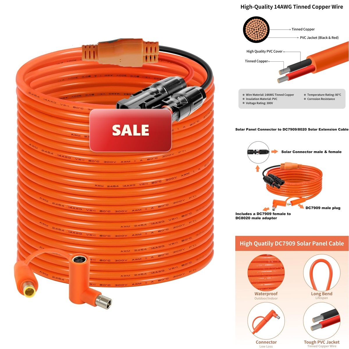 Behaunty Solar Connector DC 8mm Adapter Cable 50FT, 12AWG + 14AWG Tinned Copper