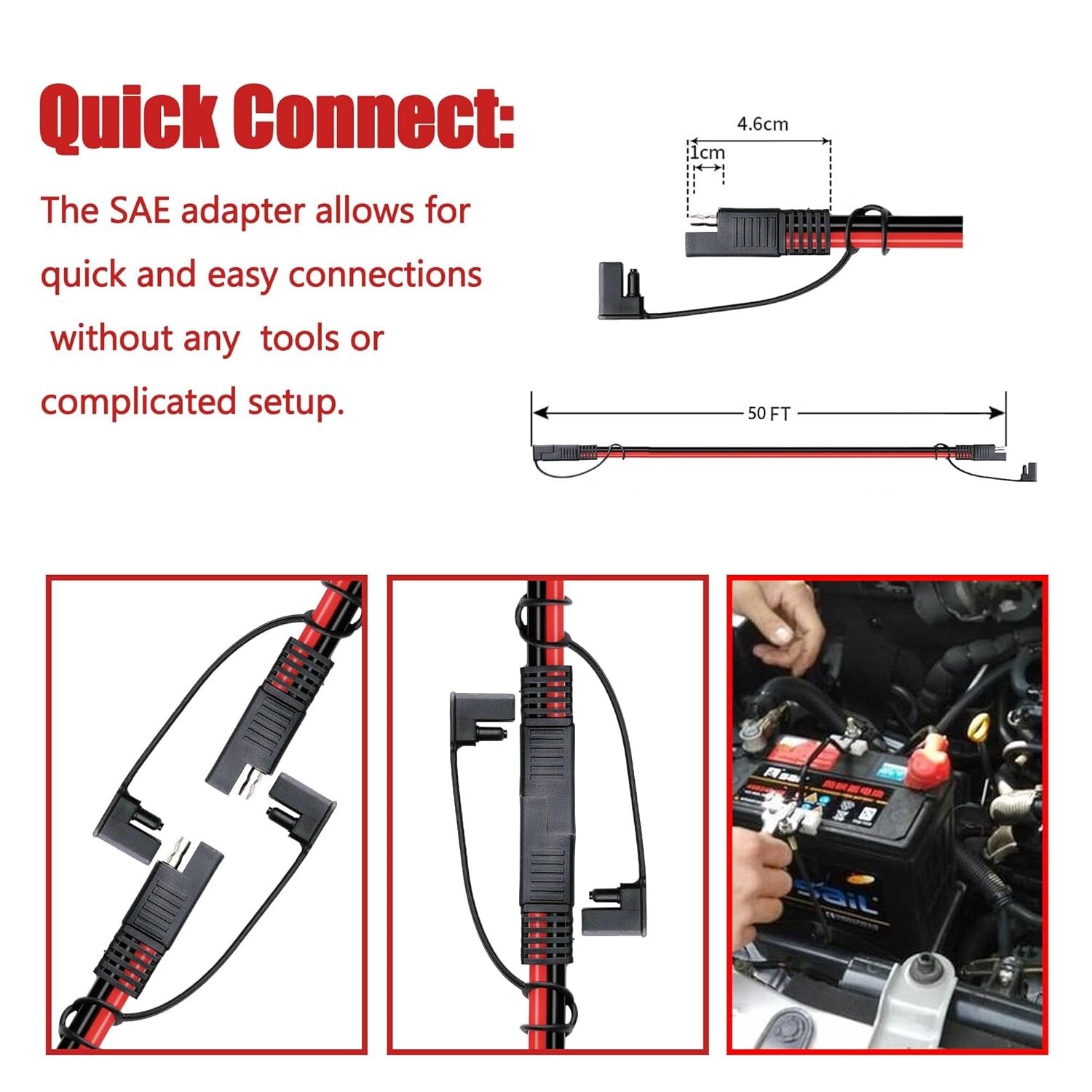 50 FT SAE to SAE Extension Cable 12AWG,12 Gauge SAE Adapter Cable,SAE Ports W…