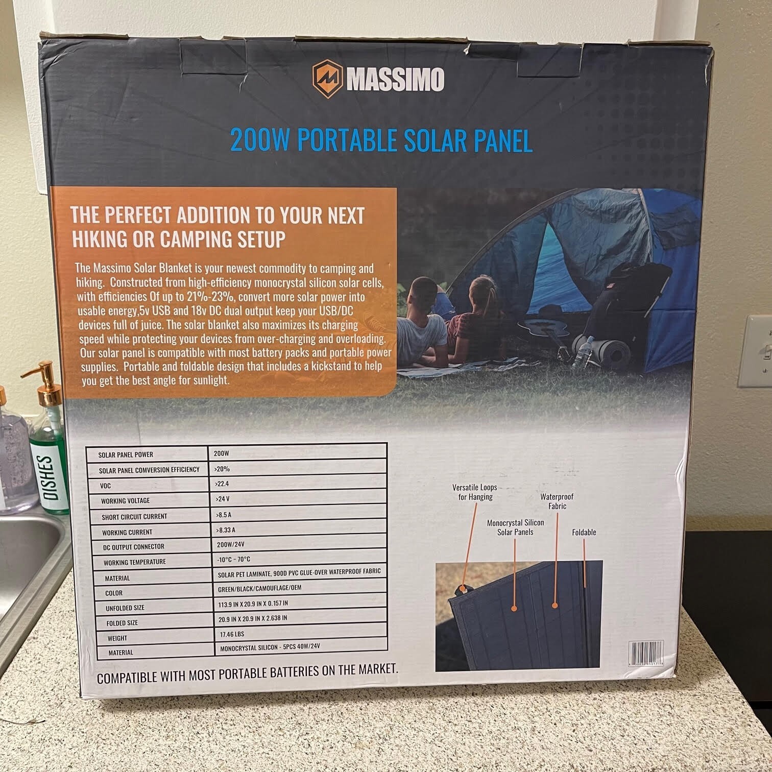 MASSIMO 200W Portable Solar Panel, Foldable, Waterproof Fabric, New (1197)