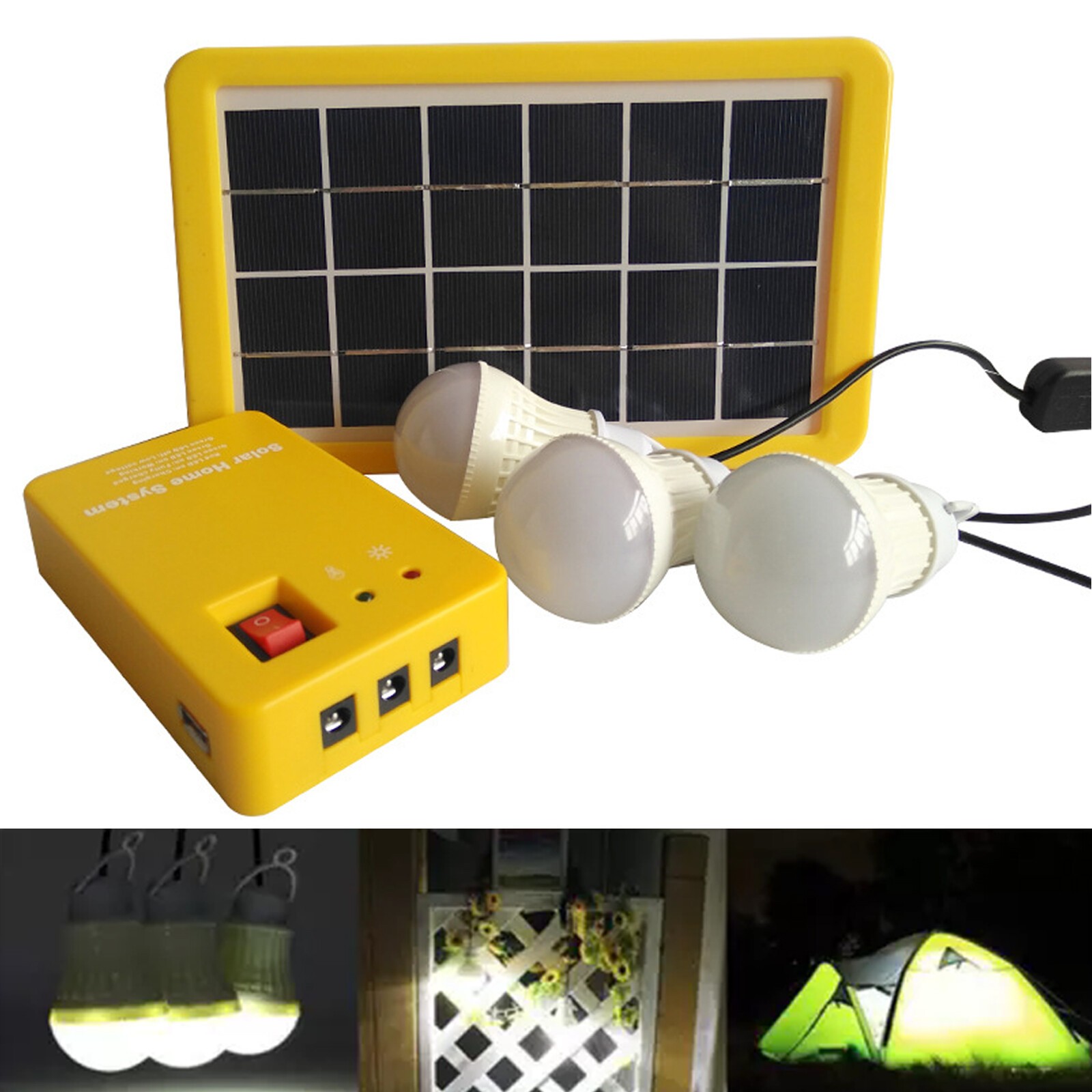 Portable Solar Light Kit 5V Usb 3 Led Bulbs Home Emergency Power System