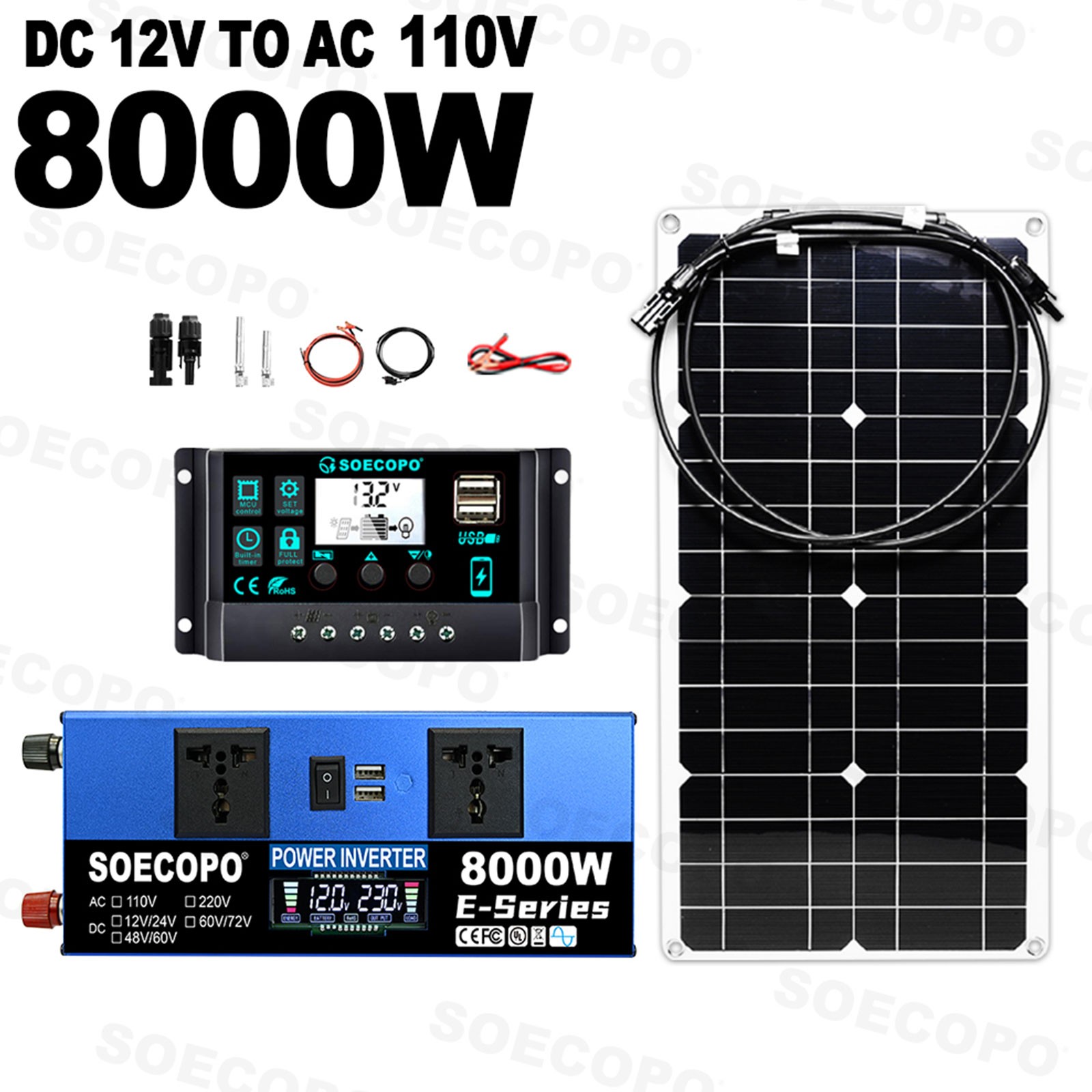 SOECOPO 8000W Peak Solar System Kit Flexible Panel 100A Controller 12V 110V 220V